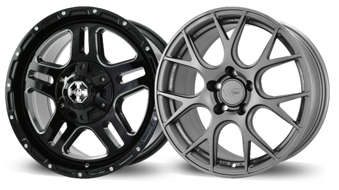 Velox Mallet Gloss Black Ball Cut Machined Wheel and Velox V F M Satin Titanium Wheel